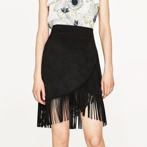 Zara black faux suede wrap skirt w/fringe XS new